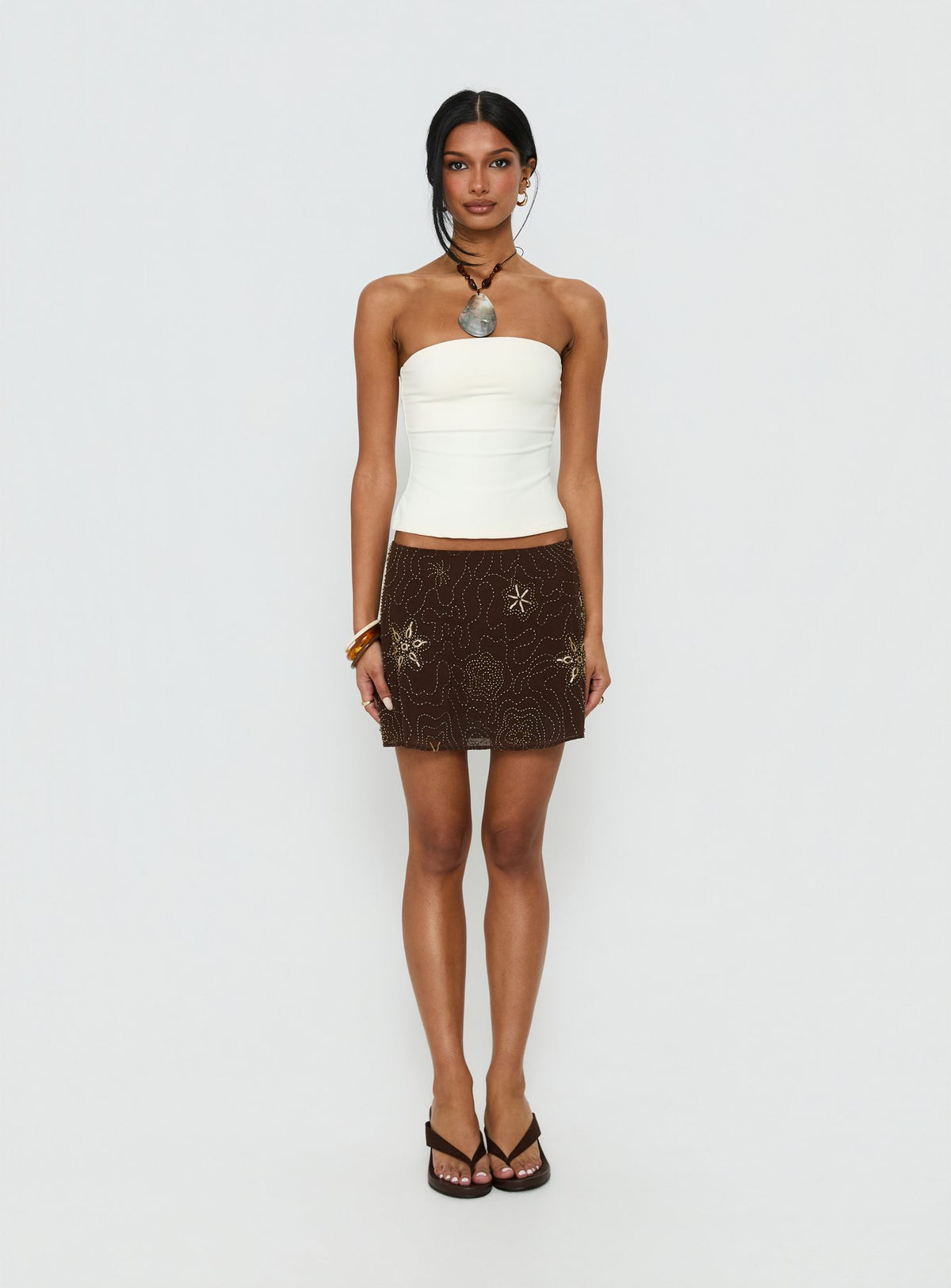   front view of model wearing Princess Polly Nanci Beaded Mini Skirt Brown Mini Skirts Skirts 