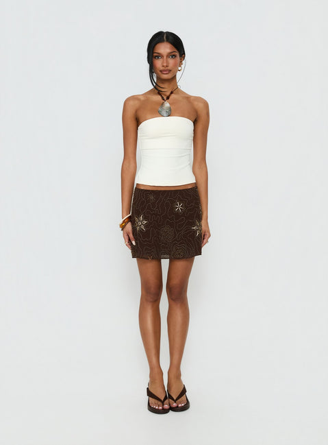   front view of model wearing Princess Polly Nanci Beaded Mini Skirt Brown Mini Skirts Skirts 