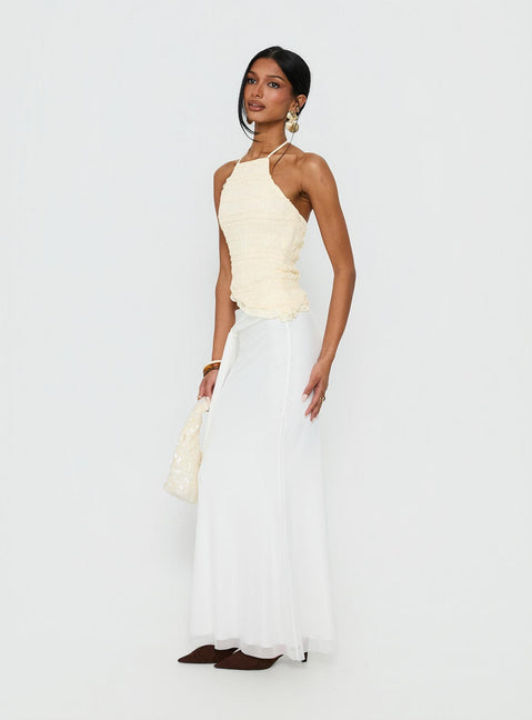   side view of model wearing Princess Polly Caviar Tie Maxi Skirt White Maxi Skirts Skirts 
