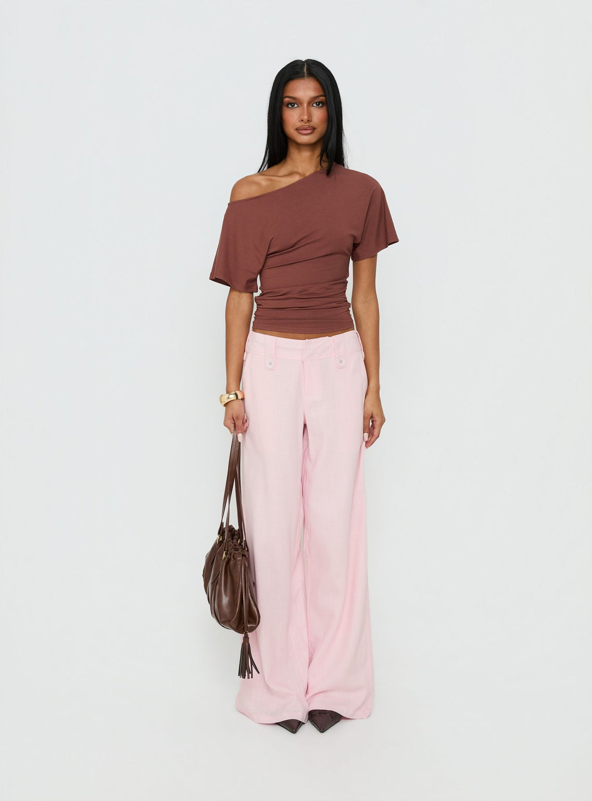 front view of model wearing Princess Polly Pedra Wide Leg Pant Pink Mid Rise Pants Pants 