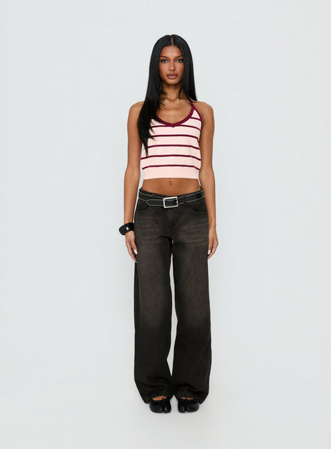 front view of model wearing Princess Polly Korinne Low Rise Baggy Jeans Washed Charcoal Low Rise Jeans Jeans 