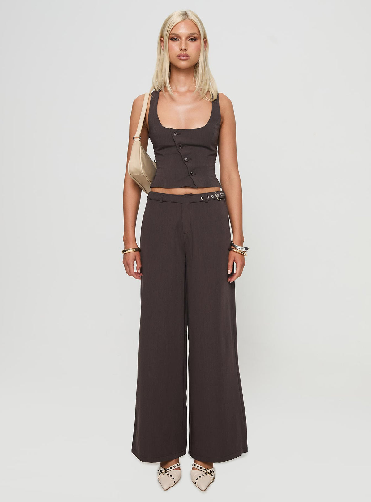 front view of model wearing Princess Polly Miku Pants Brown Petite High Rise Pants Pants 