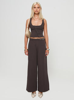 front view of model wearing Princess Polly Miku Pants Brown Petite High Rise Pants Pants 
