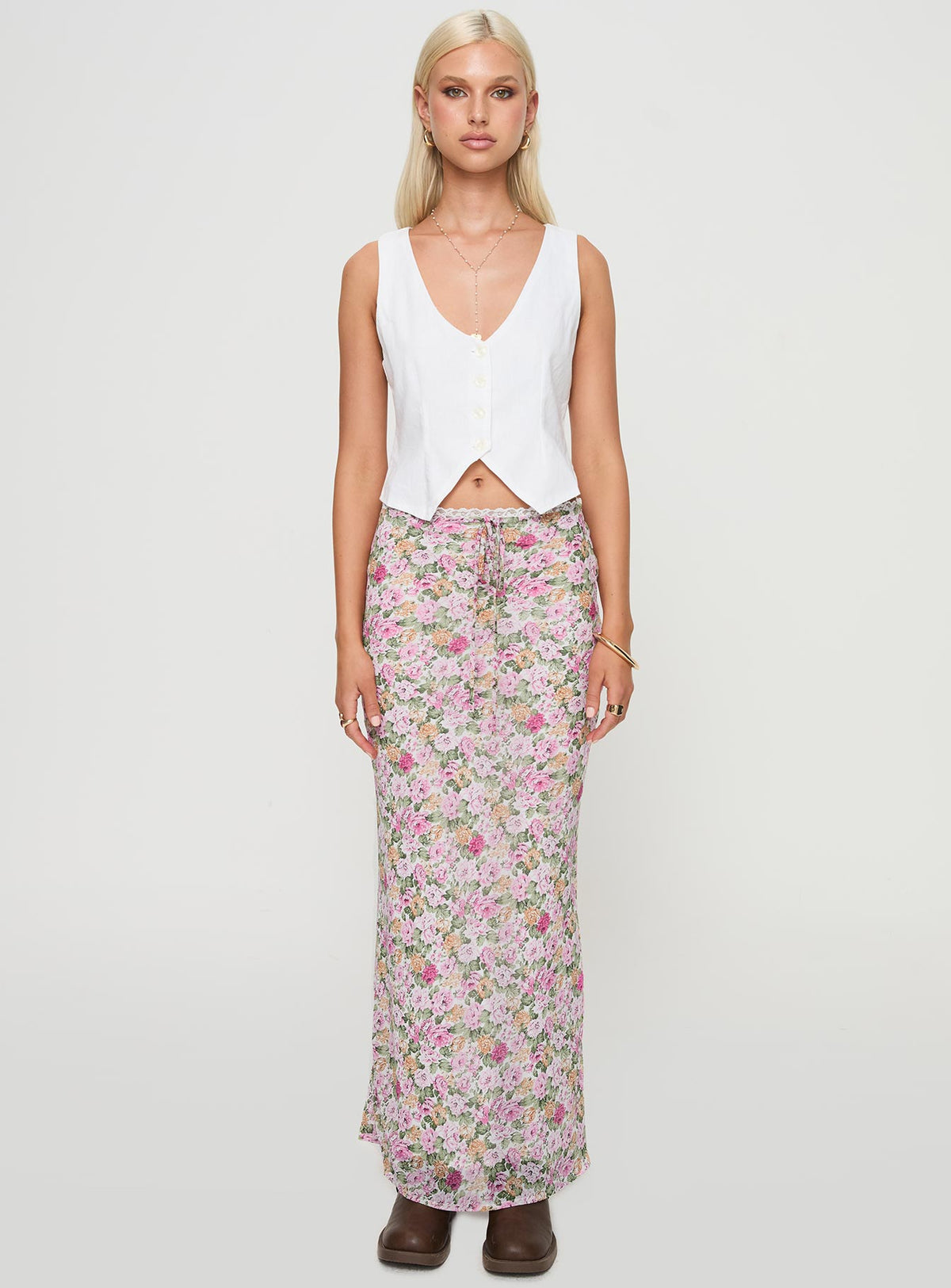  front view of model wearing Princess Polly Emily Maxi Skirt Pink Floral Maxi Skirts Skirts 