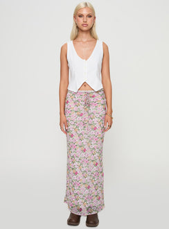   front view of model wearing Princess Polly Emily Maxi Skirt Pink Floral Maxi Skirts Skirts 