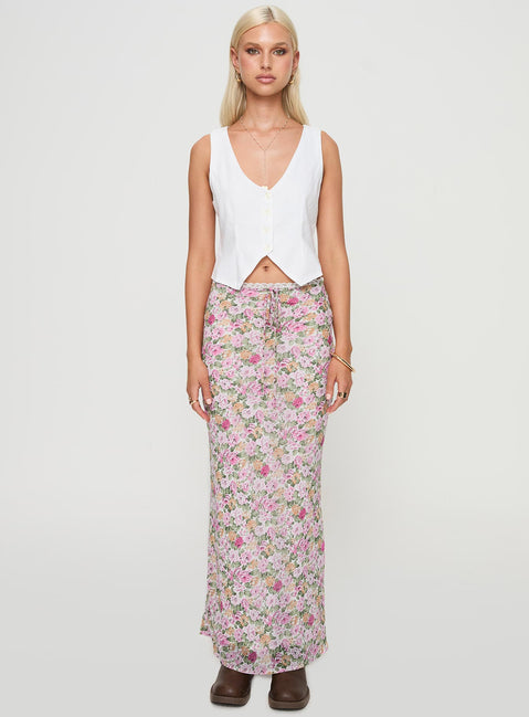  front view of model wearing Princess Polly Emily Maxi Skirt Pink Floral Maxi Skirts Skirts 