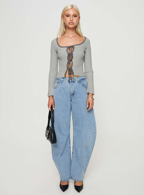 side view of model wearing Princess Polly Tahlea Long Sleeve Top Grey Full Sleeves Scoop Neck 