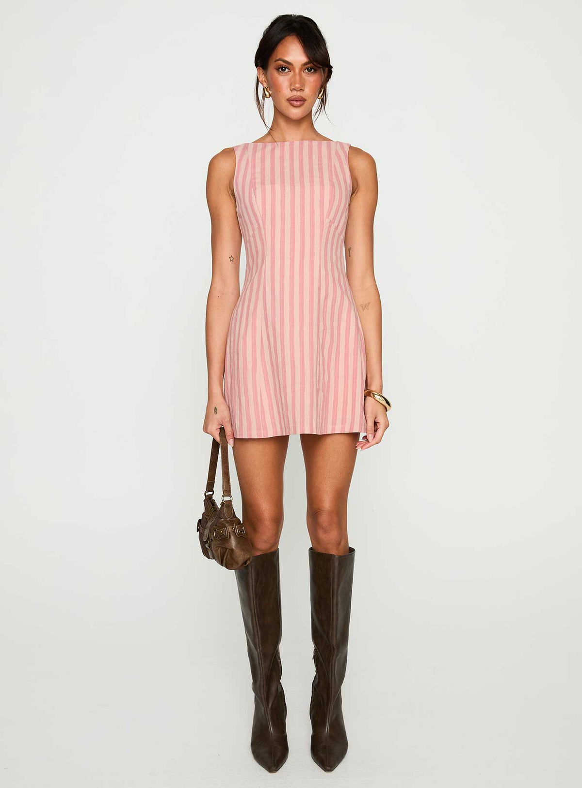 side view of model wearing Princess Polly Auggie Mini Dress Multi Boat Neck 