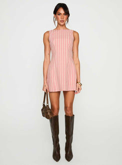 side view of model wearing Princess Polly Auggie Mini Dress Multi Boat Neck 