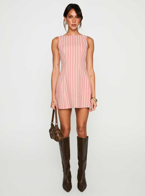 side view of model wearing Princess Polly Auggie Mini Dress Multi Boat Neck 