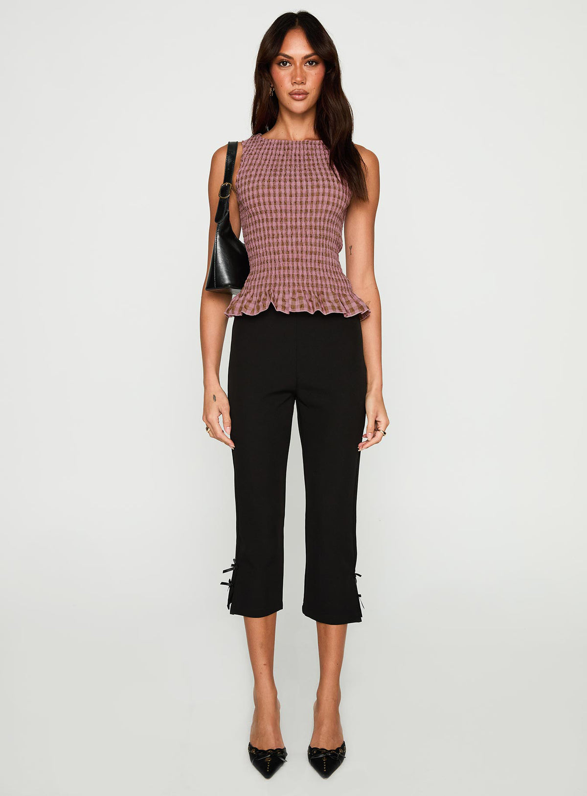 front view of model wearing Princess Polly Chauntelle Ruched Top Pink Check Sleeveless Crew Neck 