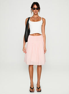   side view of model wearing Princess Polly Maryanna Midi Skirt Pink Gingham Skirts 