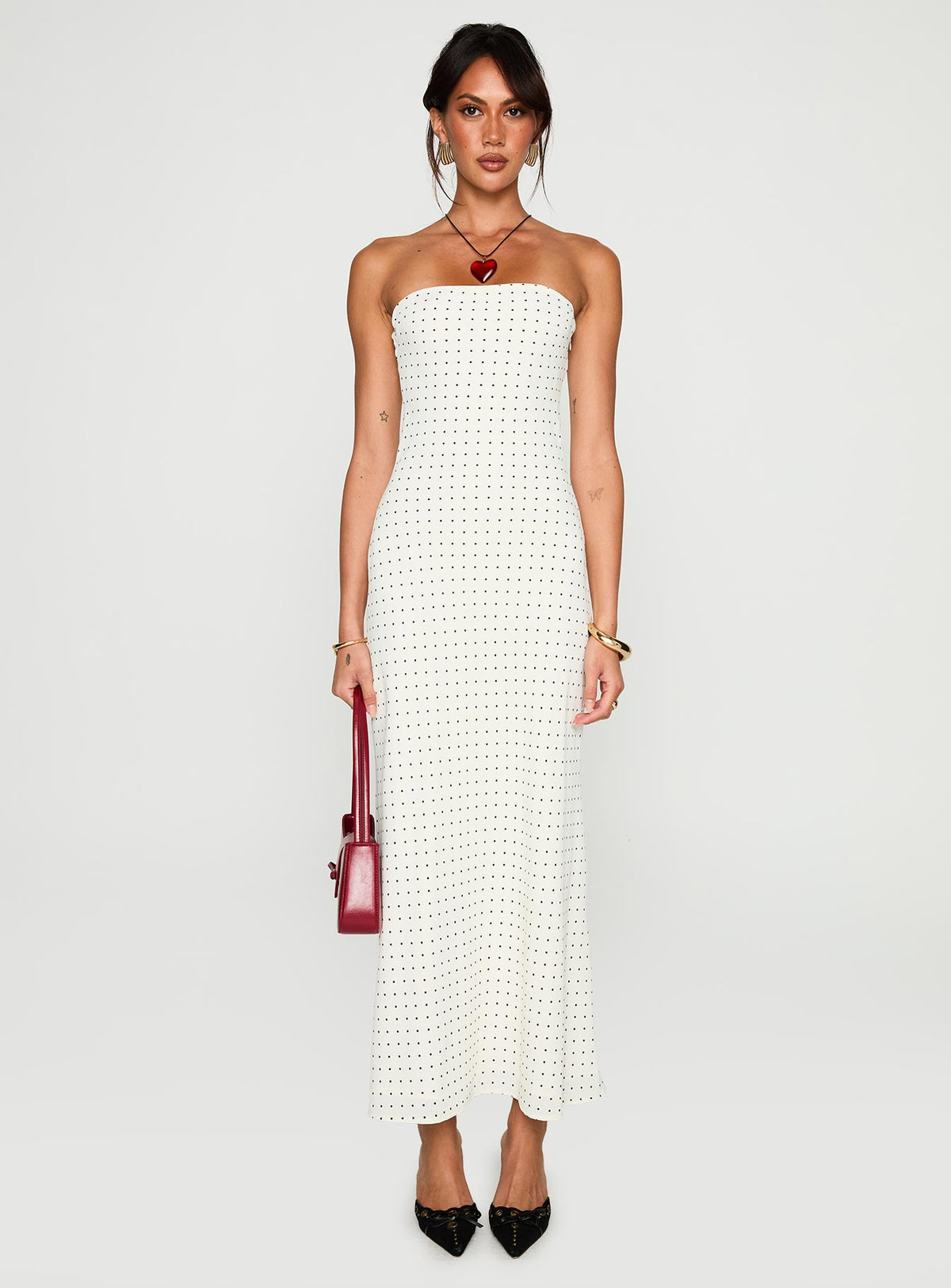 front view of model wearing Princess Polly Just For Fun Strapless Maxi Dress White Polka Dot Straight Neck 
