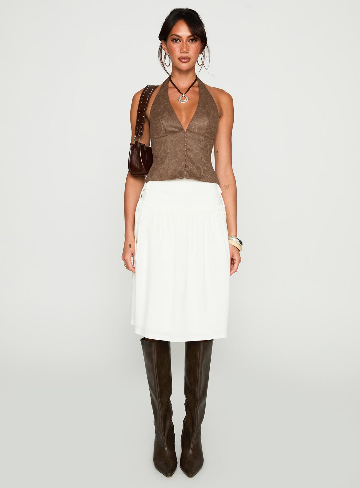  front view of model wearing Princess Polly Snowflakes Tie Side Midi Skirt White Skirts 