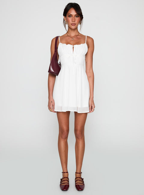 side view of model wearing Princess Polly Pure Joy Mini Dress White Scoop Neck 