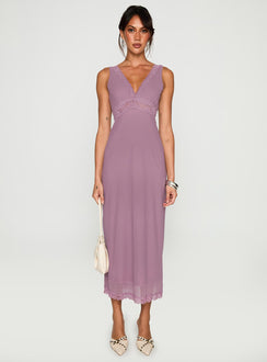 back view of model wearing Princess Polly Between The Lines Lace Trim Maxi Dress Purple Plunger 