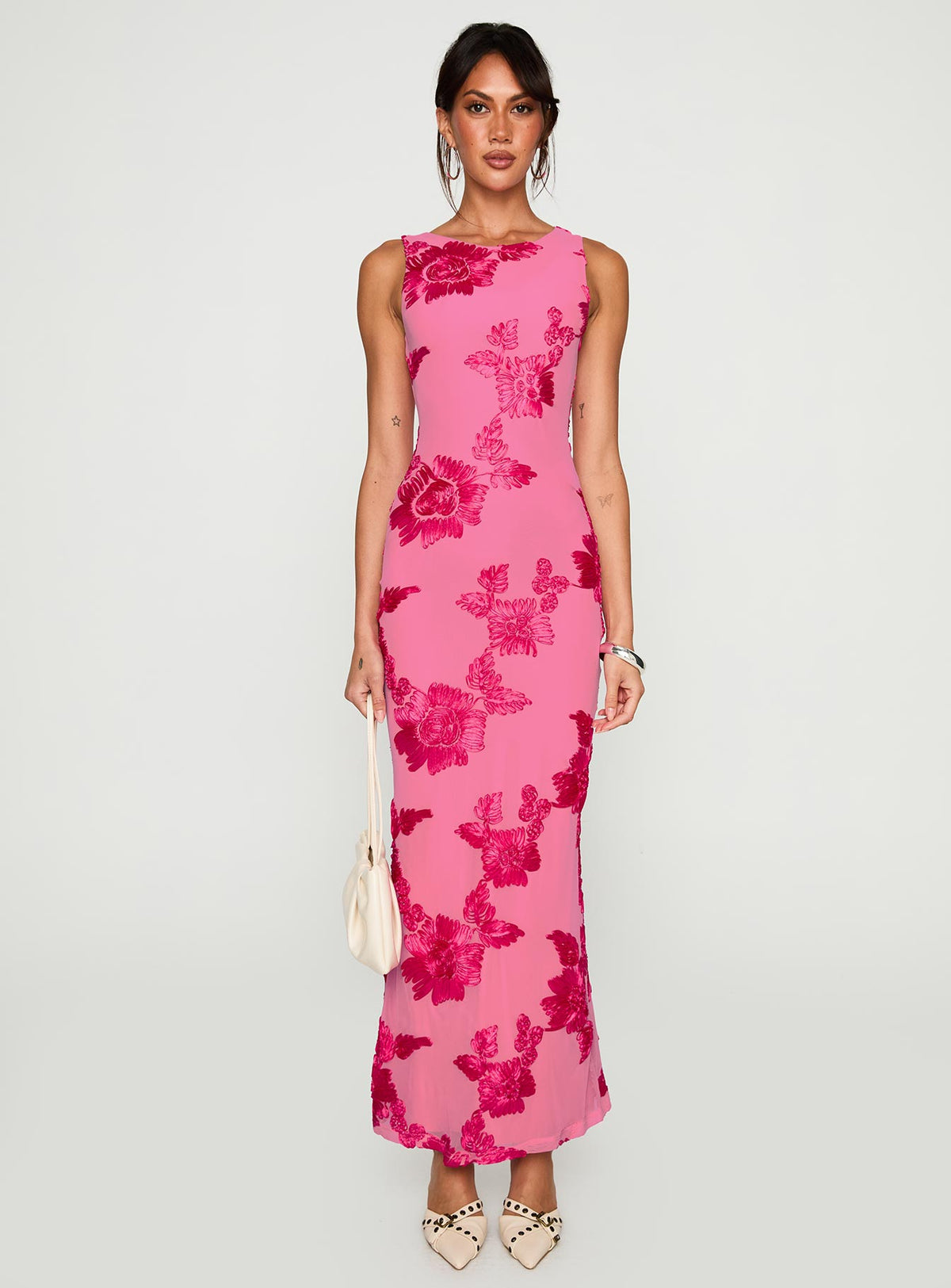 front view of model wearing Princess Polly Fionna Floral Maxi Dress Pink Crew Neck 