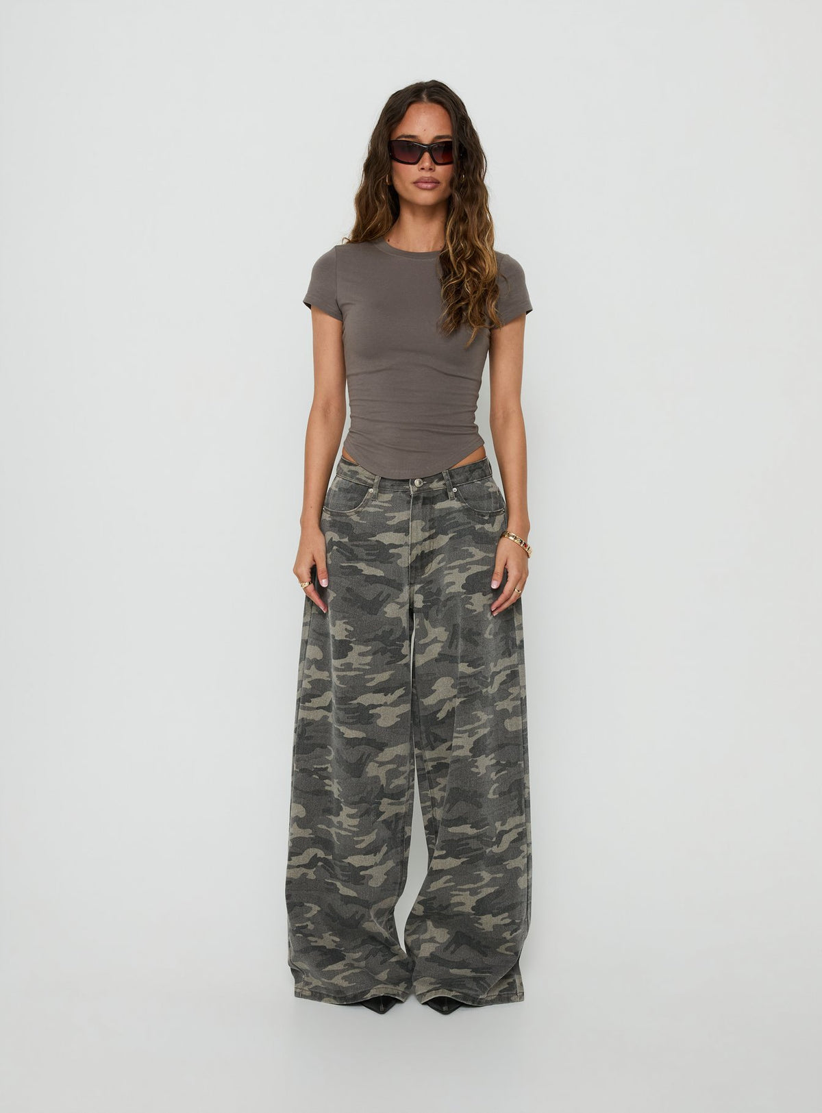 Showcasing the Naylor Mid Rise Wide Leg Jeans Camo in womens-jeans front view of model wearing Princess Polly