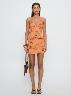   side view of model wearing Princess Polly What A Coincidence Beaded Mini Skirt Orange Skirts 