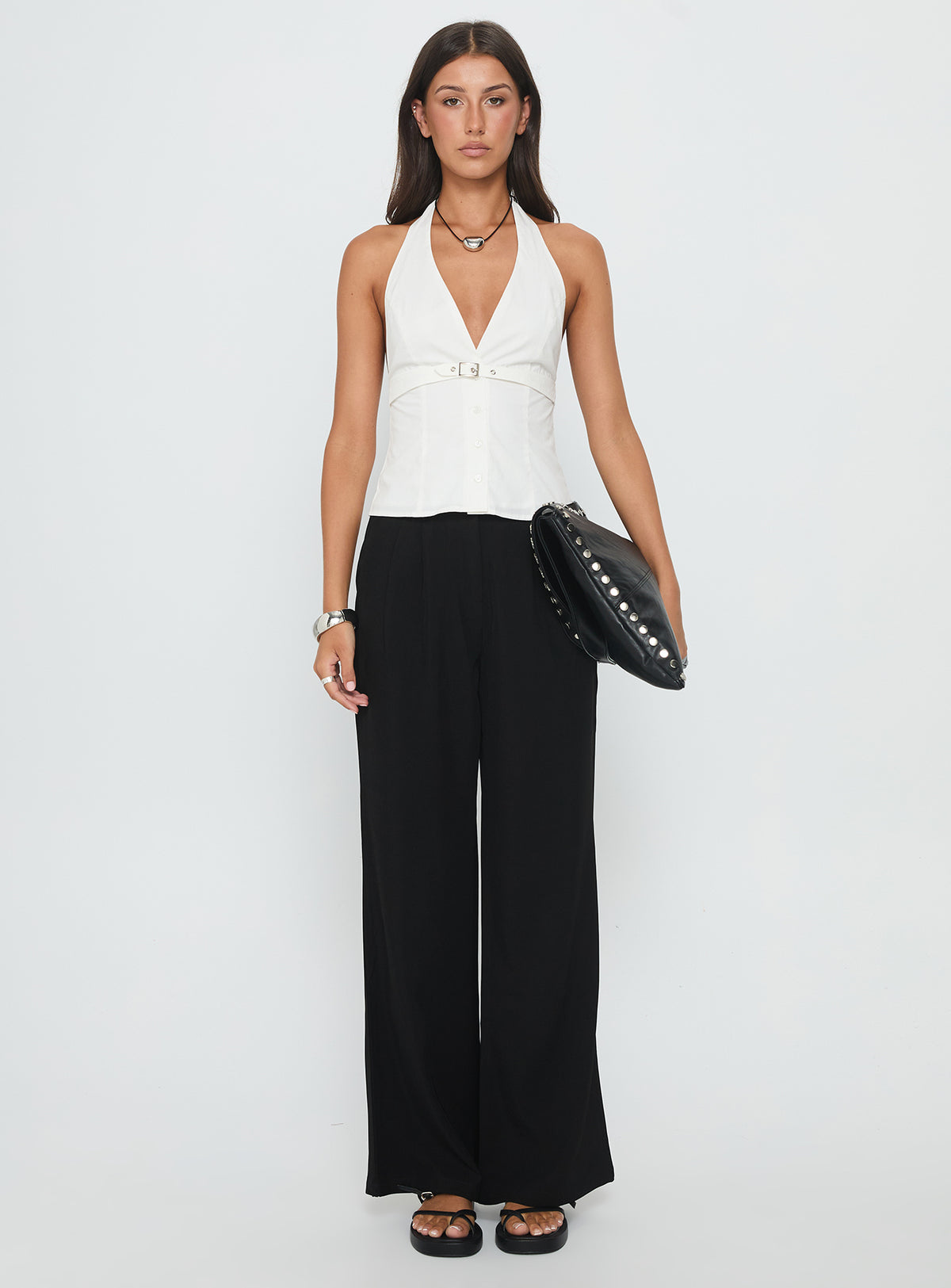 front view of model wearing Princess Polly Ambient Wide Leg Pant Black High Rise Pants Pants 