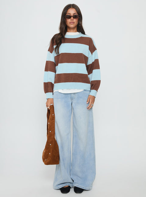 front view of model wearing Princess Polly Ardentia Crew Neck Knit Sweater Aqua Stripe Longline Jumpers Jumpers 