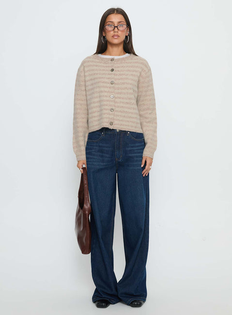 Featuring the Raynna Button Up Cardigan Beige Stripe womens jumpers in short length front view of model wearing Princess Polly