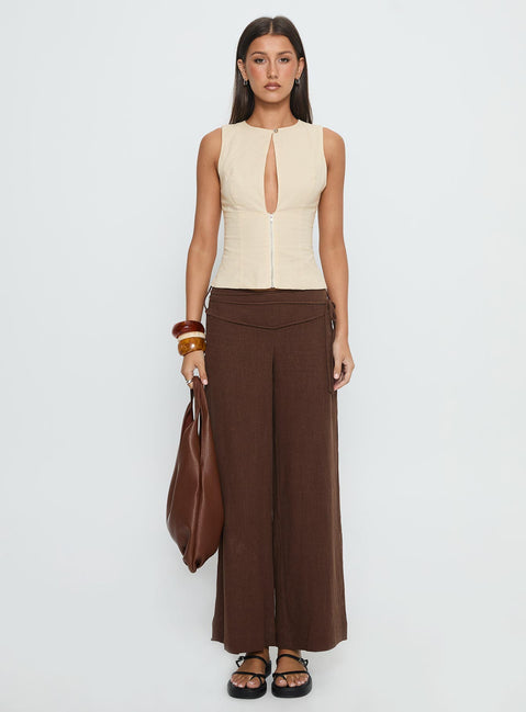 side view of model wearing Princess Polly Silver Moon Linen Blend Tie Pants Brown Petite Mid Rise Pants Pants 
