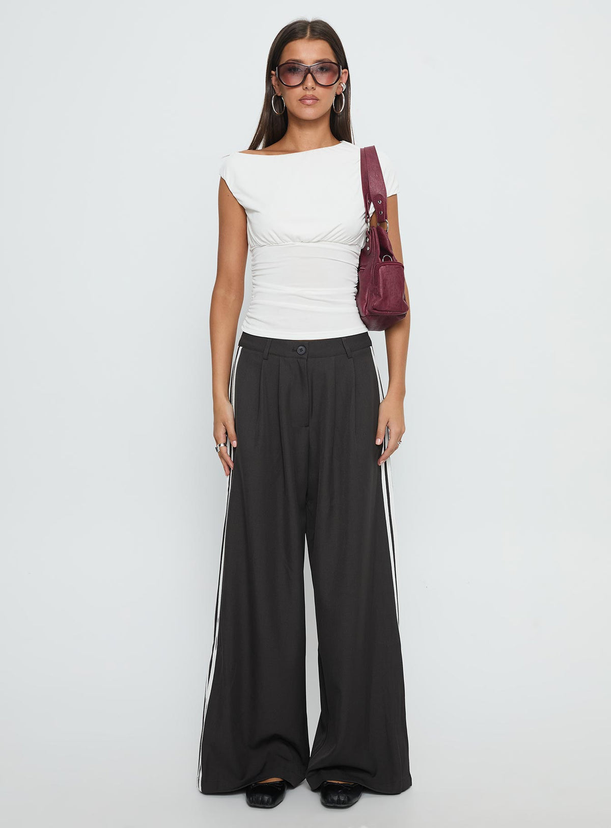 front view of model wearing Princess Polly Serenity Pant Ash Low Rise Pants 