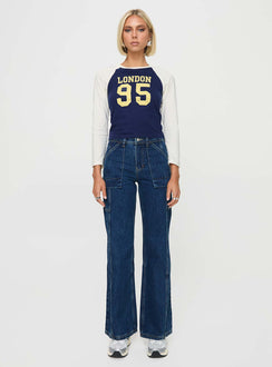 front view of model wearing Princess Polly Chad High Rise Wide Leg Cargo Jeans Dark Wash Denim Mid Rise Jeans Jeans 