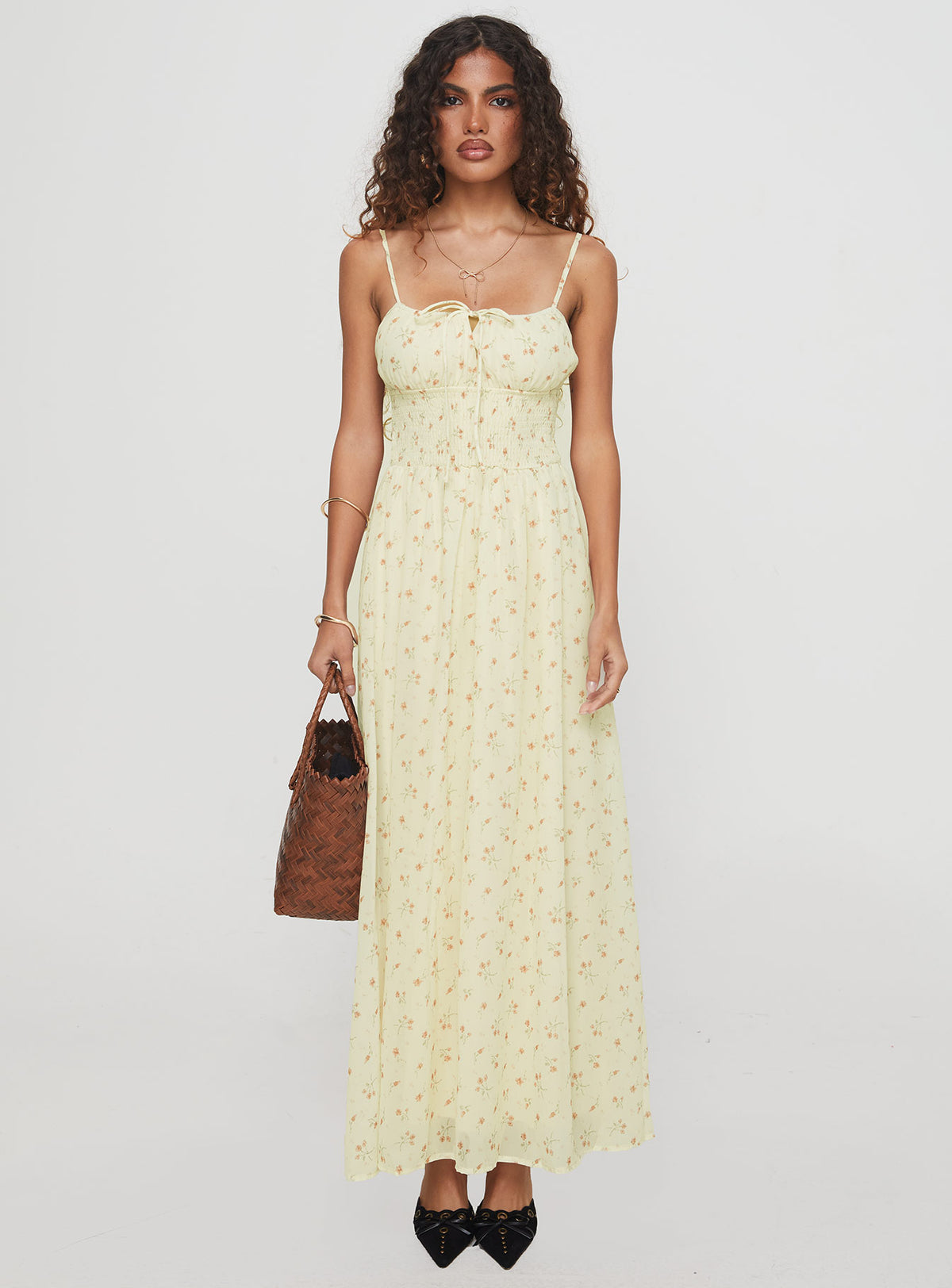 back view of model wearing Princess Polly Pearle Shirred Maxi Dress Cream Floral Square Neck 