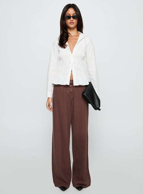 front view of model wearing Princess Polly Cultivate Shirred Long Sleeve Top White Full Sleeves V-Neck 