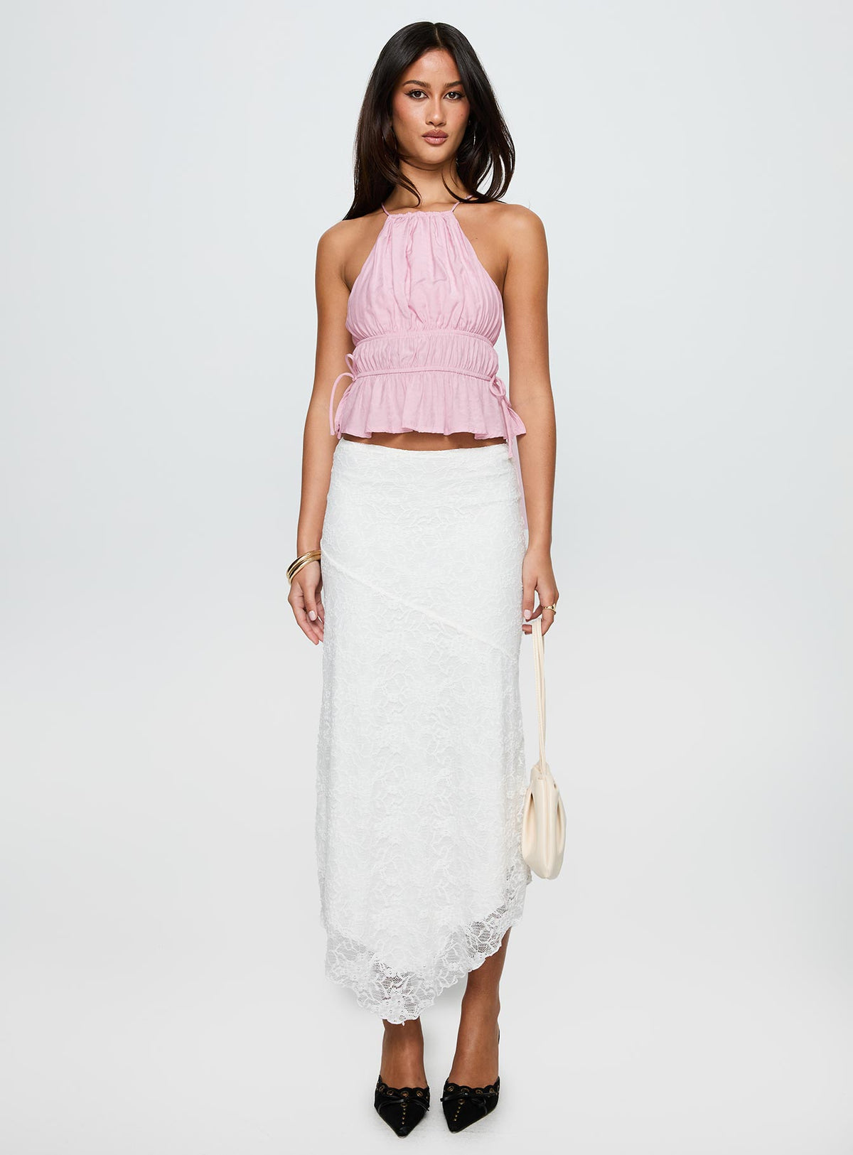 back view of model wearing Princess Polly Rozier Top Pink Sleeveless Crew Neck 