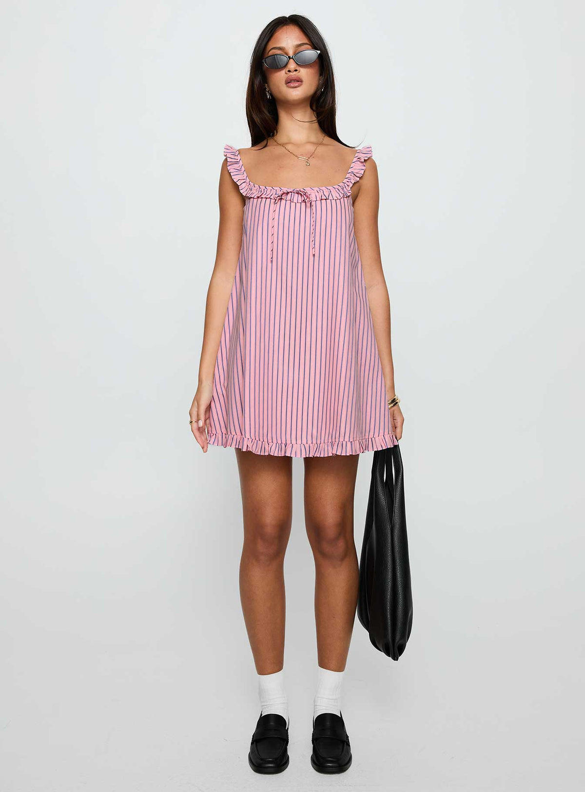 front view of model wearing Princess Polly Zalina Babydoll Mini Dress Pink Stripe Square Neck 