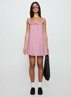 front view of model wearing Princess Polly Zalina Babydoll Mini Dress Pink Stripe Square Neck 