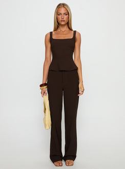 front view of model wearing Princess Polly Kinsie Tailored Pants Brown High Rise Pants Pants 
