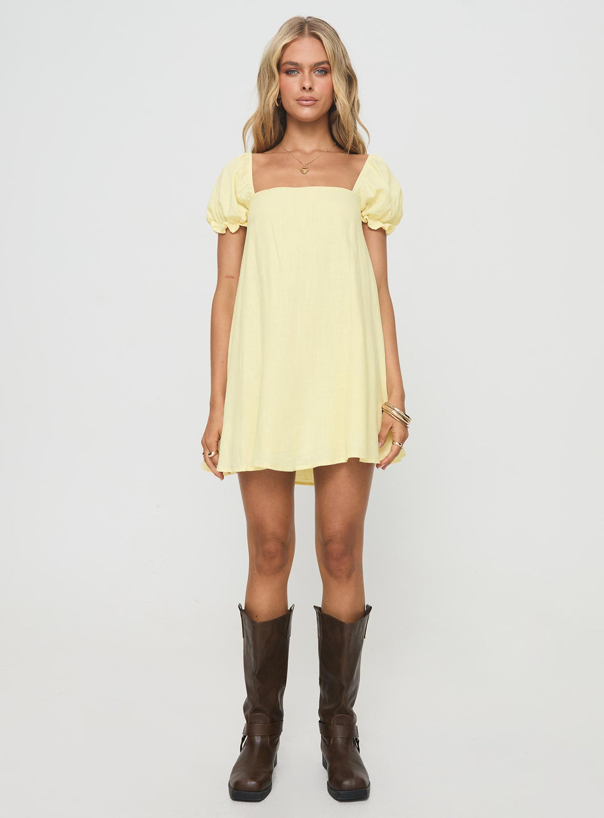 side view of model wearing Princess Polly Beyond Linen Blend Mini Dress Yellow Square Neck 
