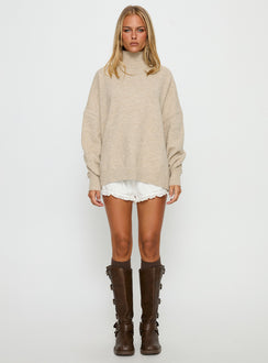 side view of model wearing Princess Polly Patrizia Funnel Neck Knit Sweater Beige Jumpers 