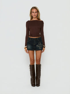 Showcasing the Barracuda Applique Denim Mini Skirt in Grunge Wash womens-skirts with fitted silhouette front view of model wearing Princess Polly