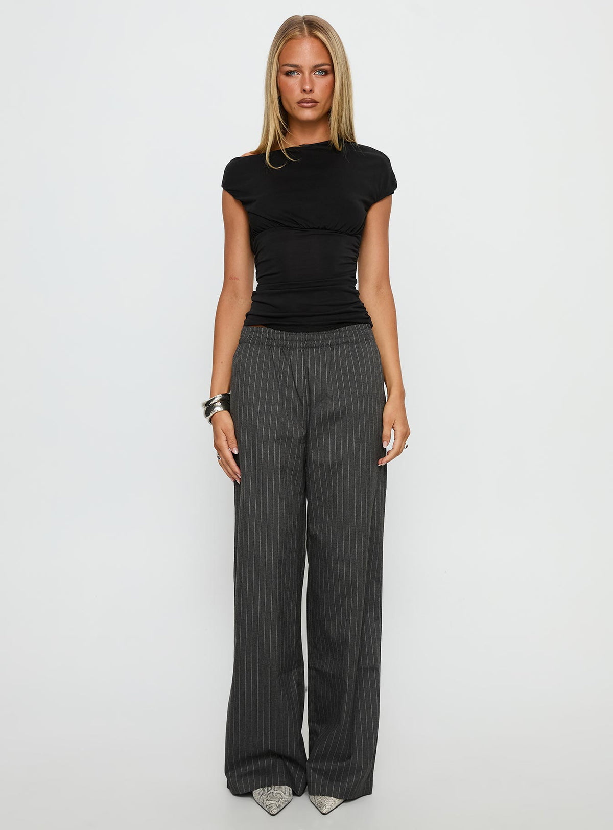 side view of model wearing Princess Polly Jaysa Baggy Wide Leg Pant Grey Pinstripe High Rise Pants Pants 