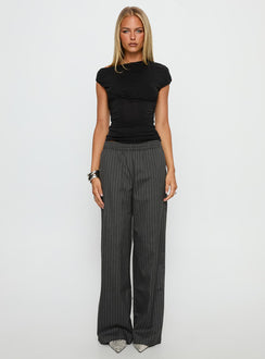 side view of model wearing Princess Polly Jaysa Baggy Wide Leg Pant Grey Pinstripe High Rise Pants Pants 