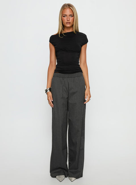 side view of model wearing Princess Polly Jaysa Baggy Wide Leg Pant Grey Pinstripe High Rise Pants Pants 