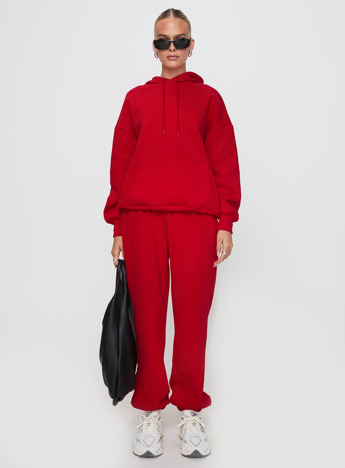 back view of model wearing Princess Polly Dream Fleece Classic Hoodie Red Longline Jumpers Jumpers 