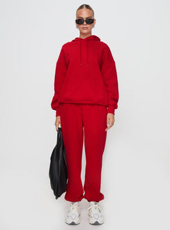 back view of model wearing Princess Polly Dream Fleece Classic Hoodie Red Longline Jumpers Jumpers 
