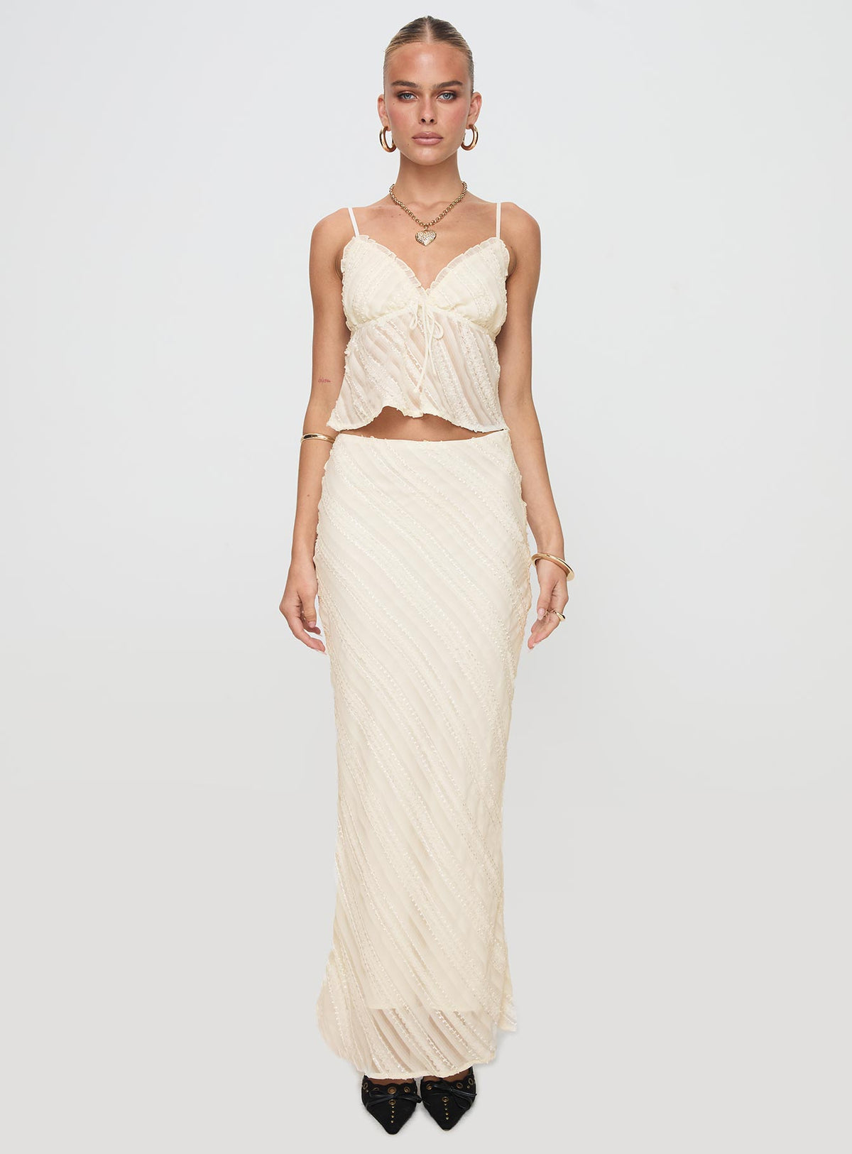   front view of model wearing Princess Polly Jacintha Maxi Skirt Cream Maxi Skirts Skirts 