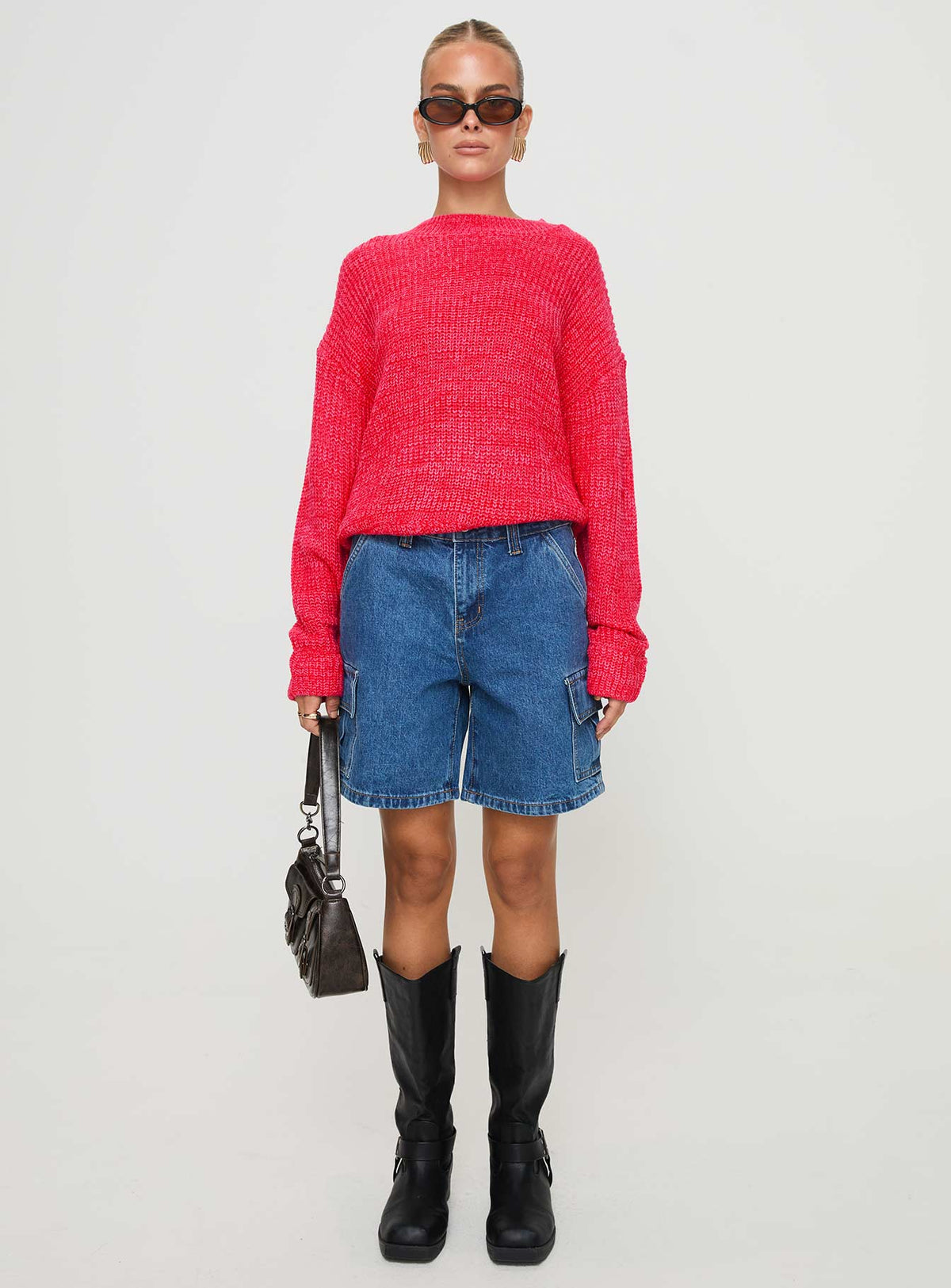 front view of model wearing Princess Polly Bae Sweater Pink/ Red Jumpers 