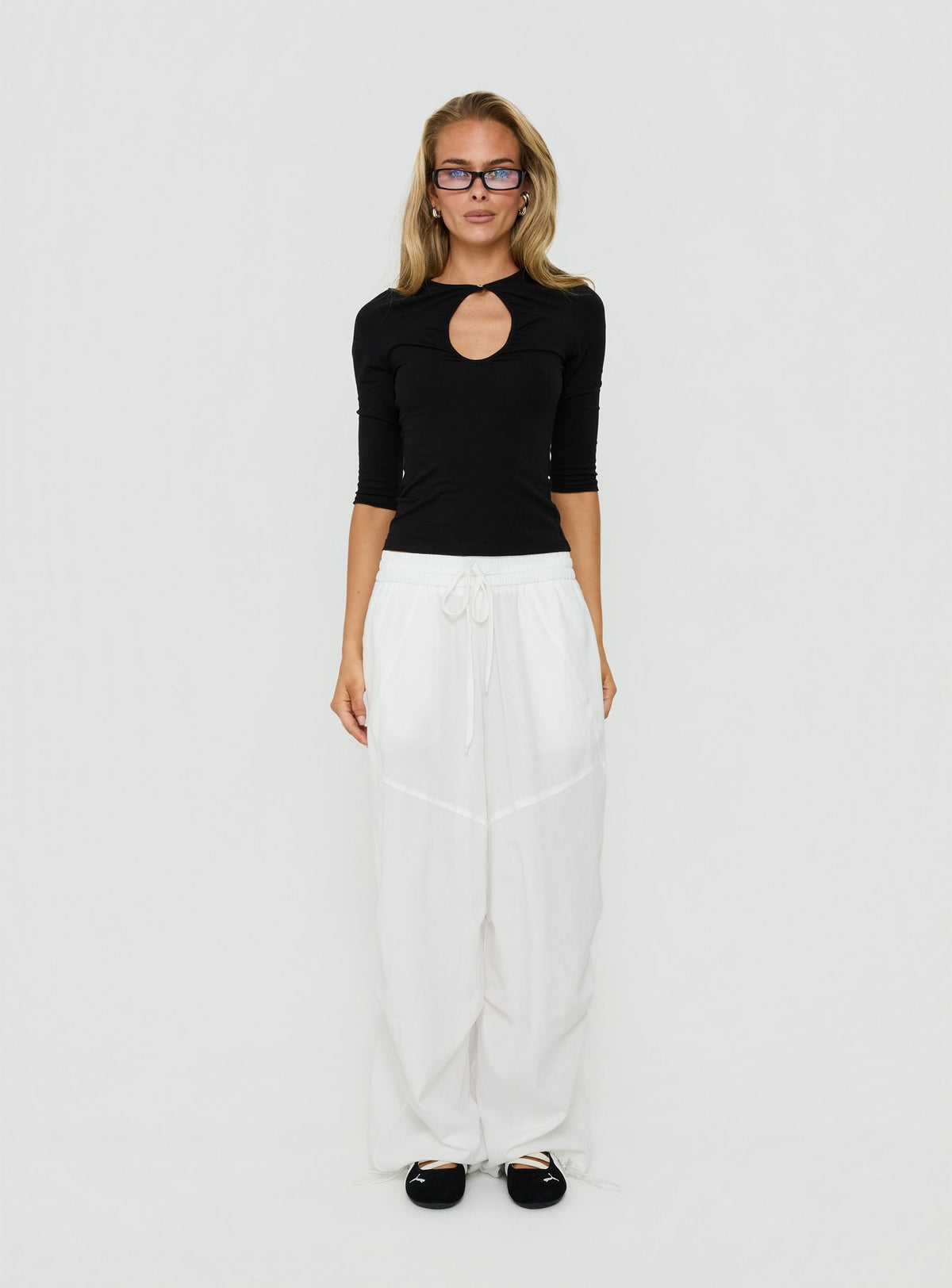 Discover the Mankind Baggy Cargo Pants White in womens-regular-pants with mid-rise, front view of model wearing Princess Polly