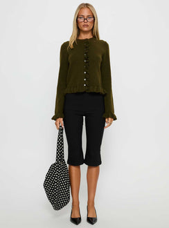 Shop the Inclination Frill Cardigan Moss womens-jumpers in short length front view of model wearing Princess Polly