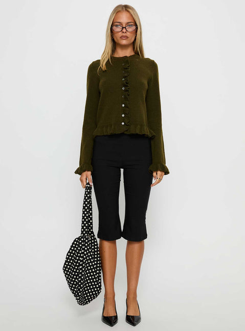 Shop the Inclination Frill Cardigan Moss womens-jumpers in short length front view of model wearing Princess Polly