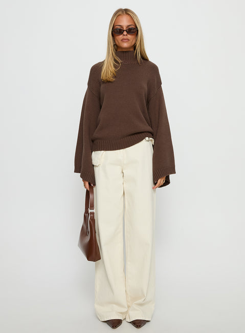 back view of model wearing Princess Polly Neriel Funnel Neck Knit Sweater Chocolate Longline Jumpers Jumpers 