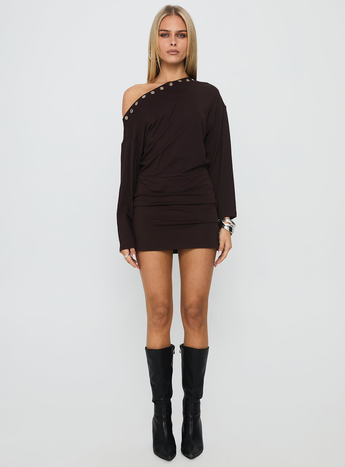 Sakaia Long Sleeve Eyelet Mini Dress Brown